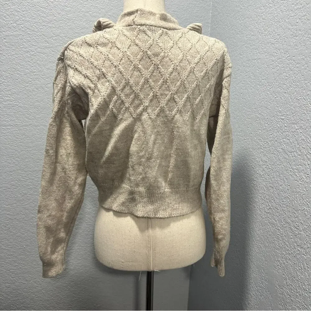 Industry L Cream Ruffle Cardigan Feminine Office Chic Quiet Luxury Sweater - Picture 5 of 10